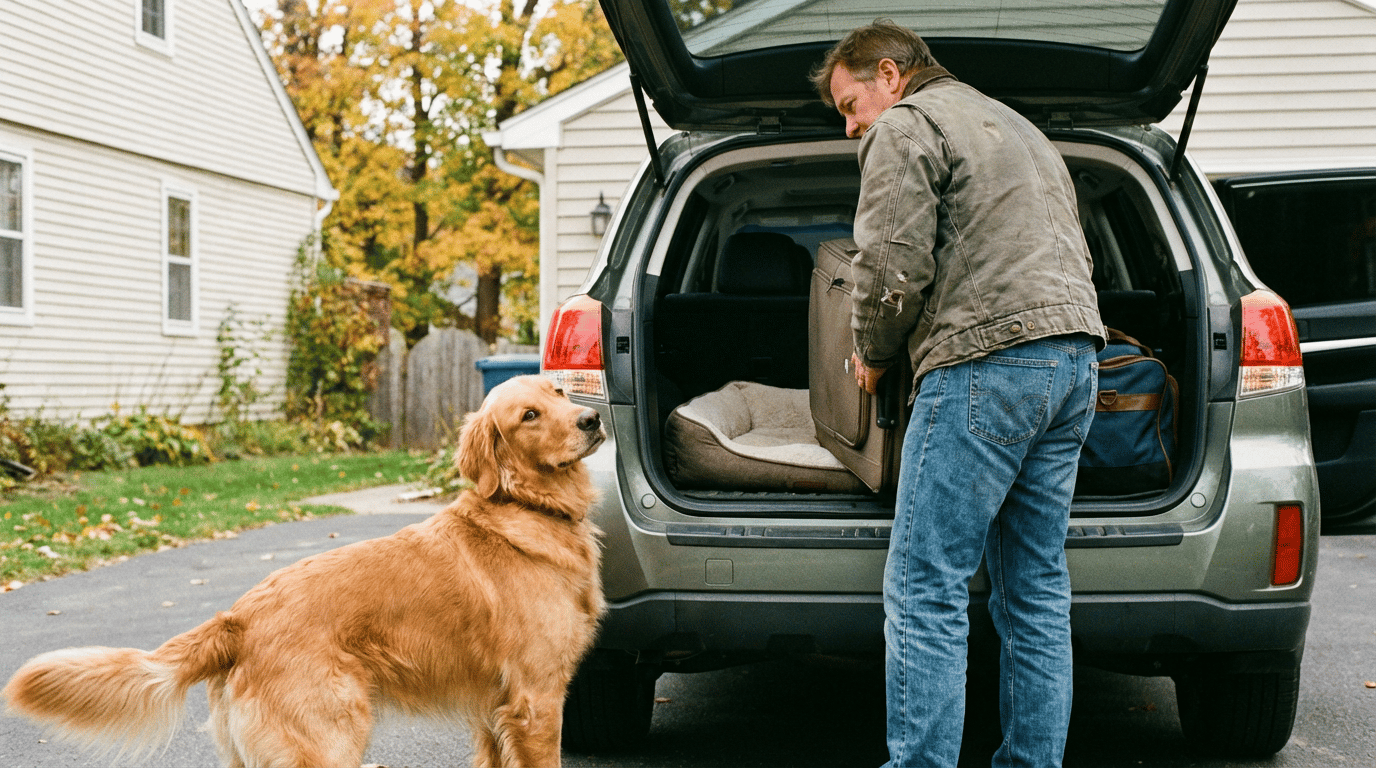 A happy dog on vacation looking out a car window